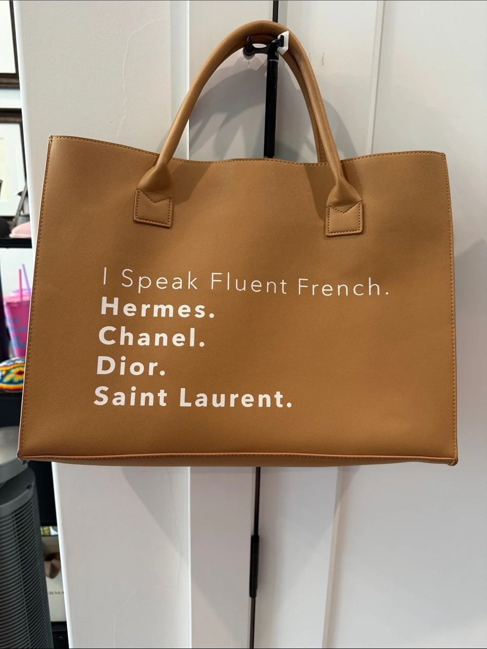 Tan Statement Tote with White Text
